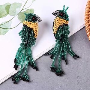Anthropologie Beaded Tropical Bird Oversized Long Green Tassel Drop Earr…